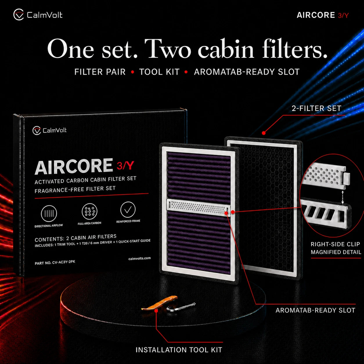 Paire de filtres CalmVolt AirCore, porte-AromaTab blanche centrée, emballage existant et outils d'installation