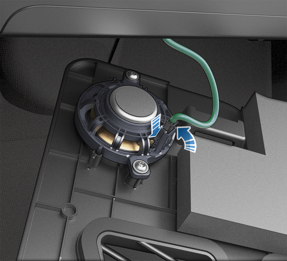 Tesla DIY reference showing release of the speaker connector at the Model Y footwell cover